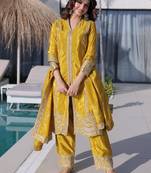 Splendid Mustard Yellow Zari Work Silk Haldi Wear Pant Suit With Dupatta