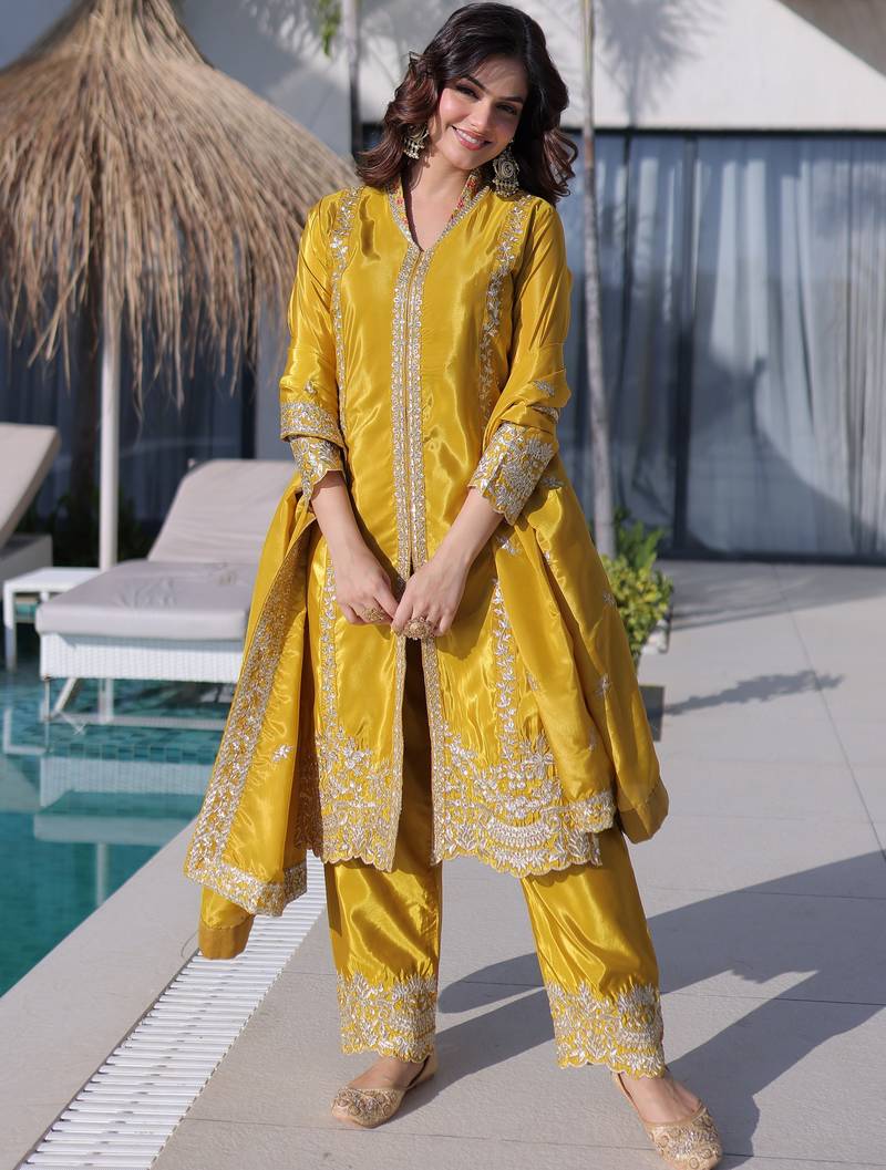 Splendid Mustard Yellow Zari Work Silk Haldi Wear Pant Suit With Dupatta