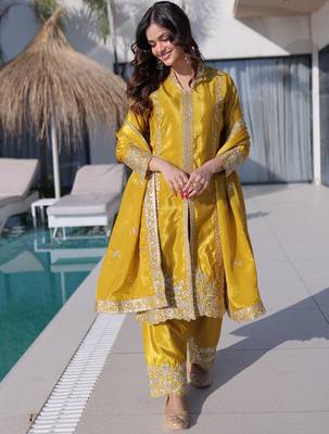 Splendid Mustard Yellow Zari Work Silk Haldi Wear Pant Suit With Dupatta 2