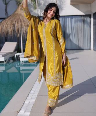 Splendid Mustard Yellow Zari Work Silk Haldi Wear Pant Suit With Dupatta 3