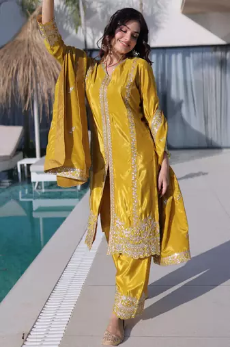 Splendid Mustard Yellow Zari Work Silk Haldi Wear Pant Suit With Dupatta