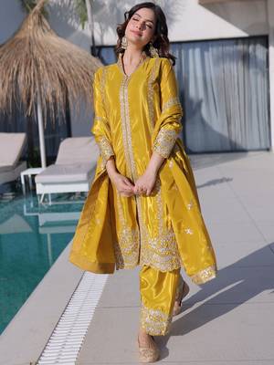 Splendid Mustard Yellow Zari Work Silk Haldi Wear Pant Suit With Dupatta 4