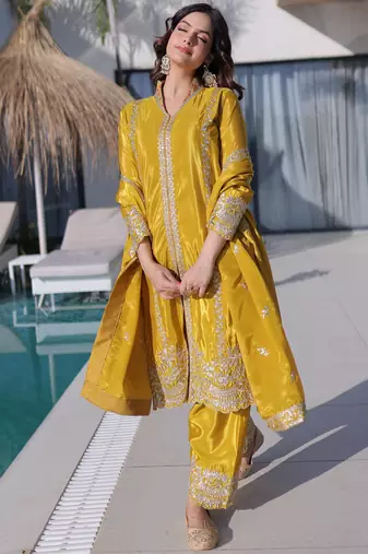Splendid Mustard Yellow Zari Work Silk Haldi Wear Pant Suit With Dupatta
