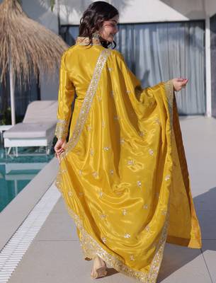 Splendid Mustard Yellow Zari Work Silk Haldi Wear Pant Suit With Dupatta 5