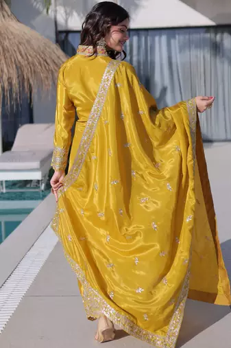 Splendid Mustard Yellow Zari Work Silk Haldi Wear Pant Suit With Dupatta