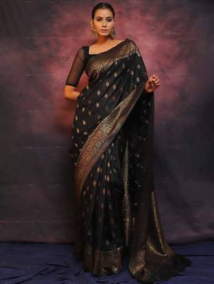 Black silk blend banarasi jaquard designer saree with blouse 2