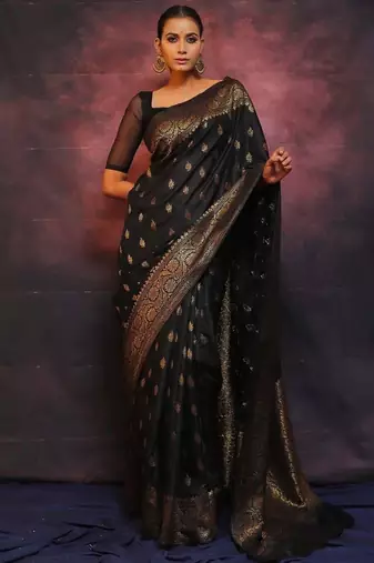 Black silk blend banarasi jaquard designer saree with blouse