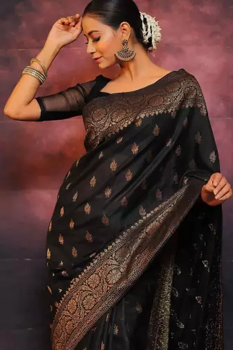 Black silk blend banarasi jaquard designer saree with blouse