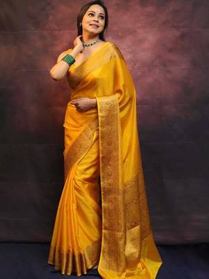 Yellow silk blend banarasi jaquard designer saree with blouse 2