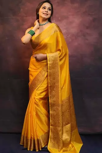 Yellow silk blend banarasi jaquard designer saree with blouse