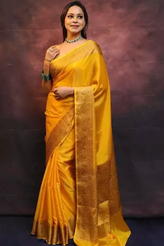 Yellow silk blend banarasi jaquard designer saree with blouse