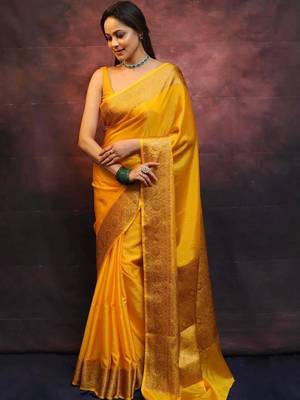 Yellow silk blend banarasi jaquard designer saree with blouse 4