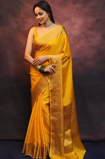 Yellow silk blend banarasi jaquard designer saree with blouse