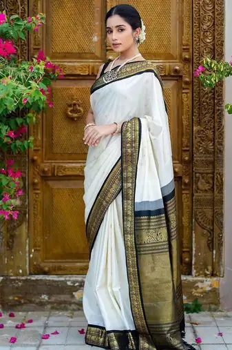 Off white silk blend banarasi jaquard designer saree with blouse