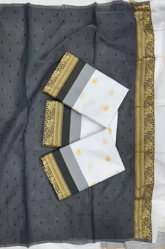 Off white silk blend banarasi jaquard designer saree with blouse