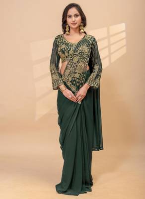 green thread semi beads embroidered work ready to wear saree with full-stitched free size blouse 1