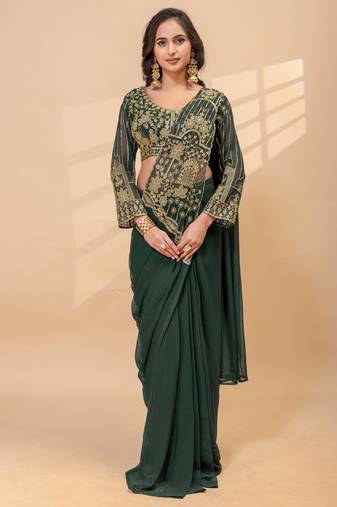 green color thread semi beads embroidered work ready to wear saree with full-stitched free size blouse