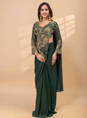 green thread semi beads embroidered work ready to wear saree with full-stitched free size blouse 2