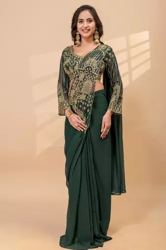green color thread semi beads embroidered work ready to wear saree with full-stitched free size blouse