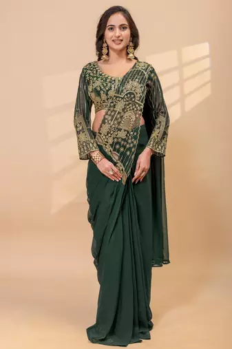green color thread semi beads embroidered work ready to wear saree with full-stitched free size blouse