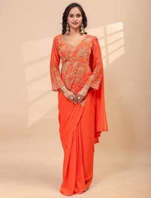 orange color thread semi beads embroidered work ready to wear saree with full-stitched free size blouse 1