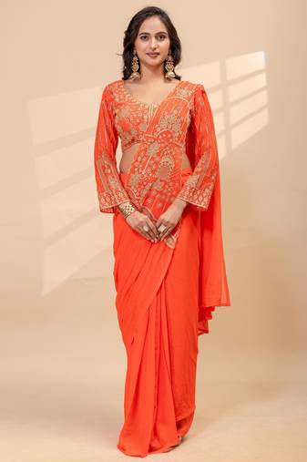 orange color thread semi beads embroidered work ready to wear saree with full-stitched free size blouse
