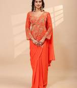 orange color thread semi beads embroidered work ready to wear saree with full-stitched free size blouse