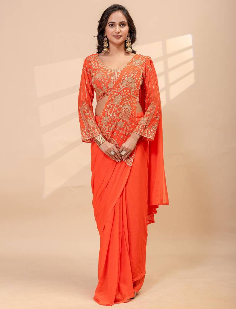 orange color thread semi beads embroidered work ready to wear saree with full-stitched free size blouse