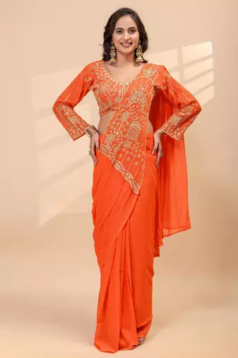 orange color thread semi beads embroidered work ready to wear saree with full-stitched free size blouse