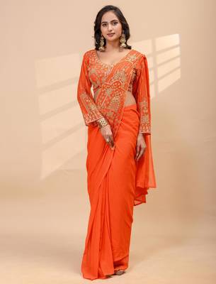 orange color thread semi beads embroidered work ready to wear saree with full-stitched free size blouse 3