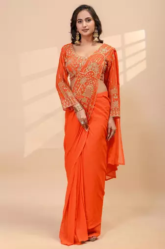 orange color thread semi beads embroidered work ready to wear saree with full-stitched free size blouse