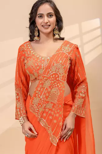 orange color thread semi beads embroidered work ready to wear saree with full-stitched free size blouse