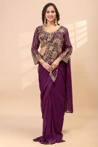 wine color thread semi beads embroidered work ready to wear saree with full-stitched free size blouse
