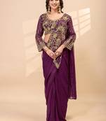wine color thread semi beads embroidered work ready to wear saree with full-stitched free size blouse