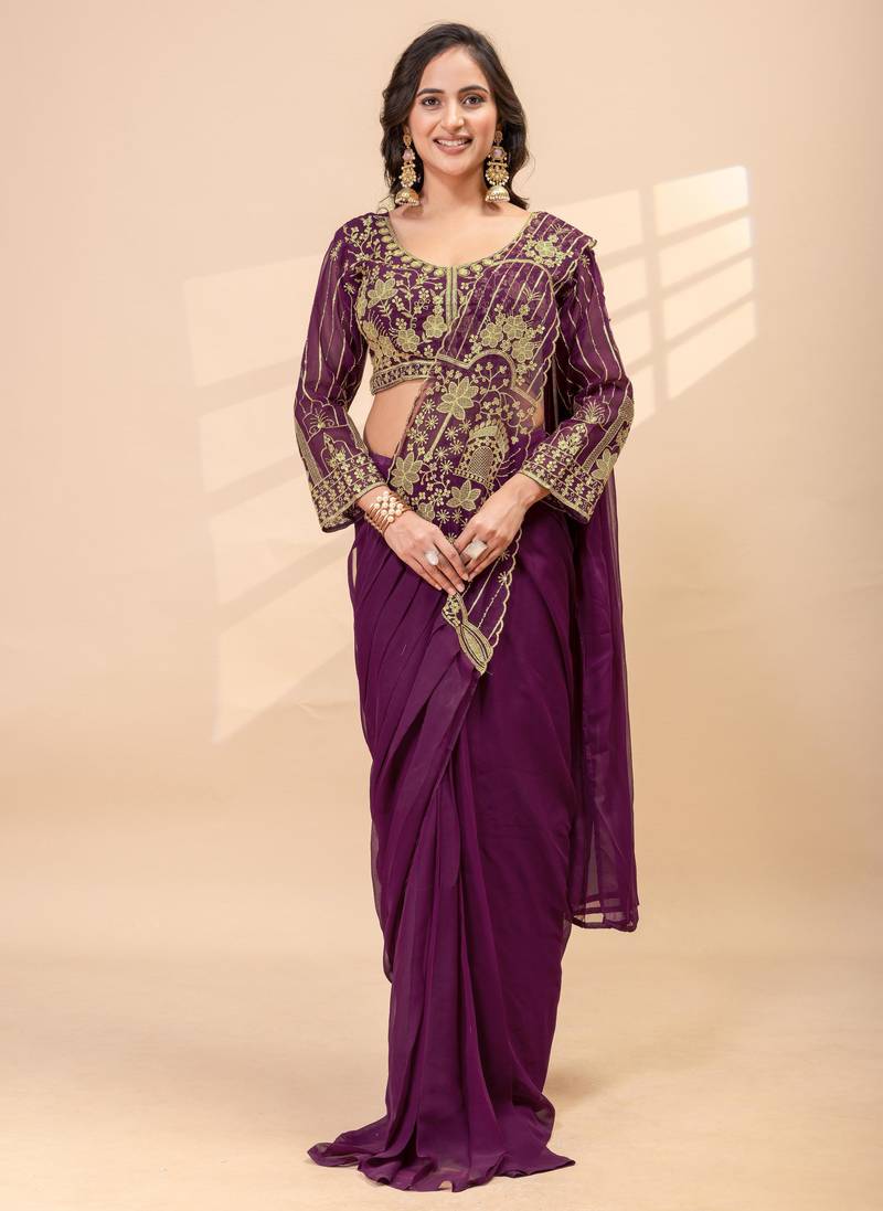 wine color thread semi beads embroidered work ready to wear saree with full-stitched free size blouse