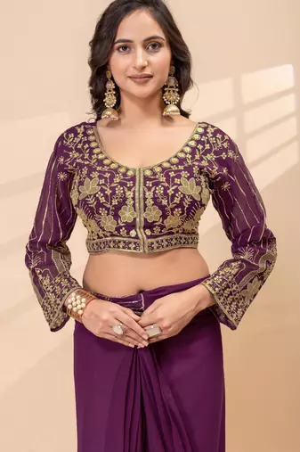 wine color thread semi beads embroidered work ready to wear saree with full-stitched free size blouse