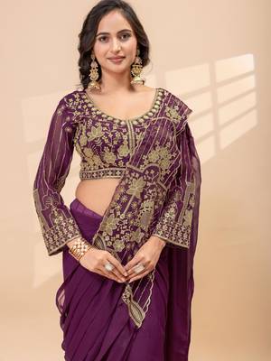 wine color thread semi beads embroidered work ready to wear saree with full-stitched free size blouse 3