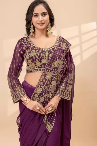 wine color thread semi beads embroidered work ready to wear saree with full-stitched free size blouse