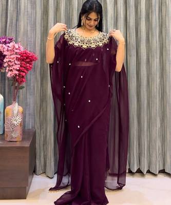 wine embroidery work with real mirror & pearls hand work 2 styles drape faux georgette saree with stitched blouse 2