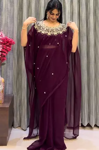 wine embroidery work with real mirror & pearls hand work 2 styles drape faux georgette saree with stitched blouse