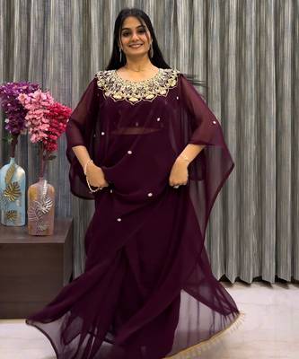 wine embroidery work with real mirror & pearls hand work 2 styles drape faux georgette saree with stitched blouse 3