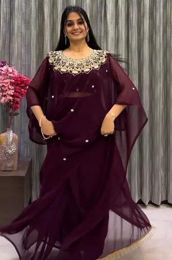 wine embroidery work with real mirror & pearls hand work 2 styles drape faux georgette saree with stitched blouse