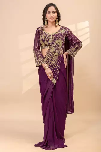wine color thread semi beads embroidered work ready to wear saree with full-stitched free size blouse