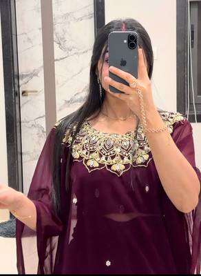 wine embroidery work with real mirror & pearls hand work 2 styles drape faux georgette saree with stitched blouse 4