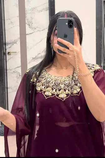 wine embroidery work with real mirror & pearls hand work 2 styles drape faux georgette saree with stitched blouse