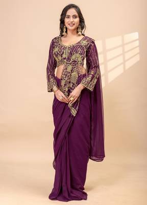 wine color thread semi beads embroidered work ready to wear saree with full-stitched free size blouse 5