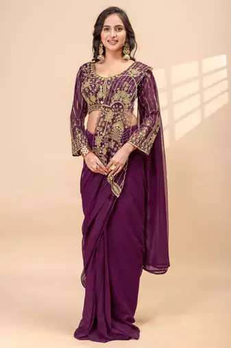 wine color thread semi beads embroidered work ready to wear saree with full-stitched free size blouse