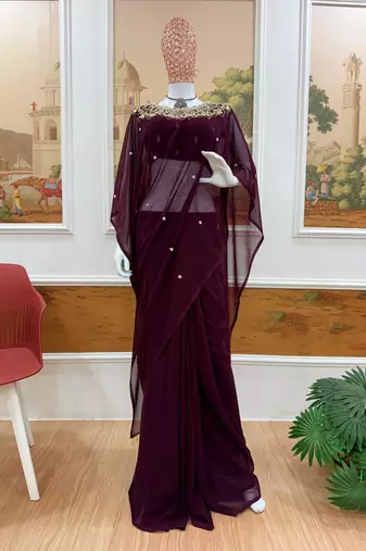 wine embroidery work with real mirror & pearls hand work 2 styles drape faux georgette saree with stitched blouse