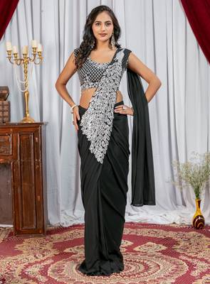 black thread sequence embroidered work ready to wear saree with stitch blouse 1