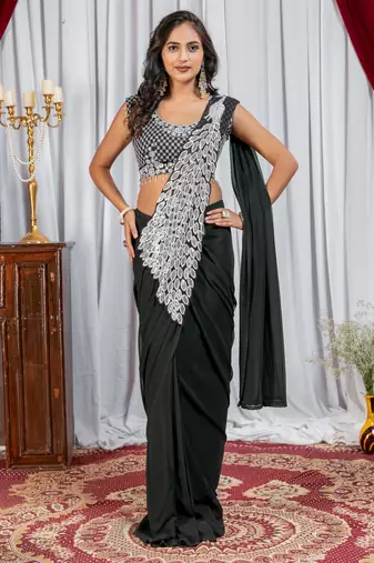 black color thread sequence embroidered work ready to wear saree with stitch blouse